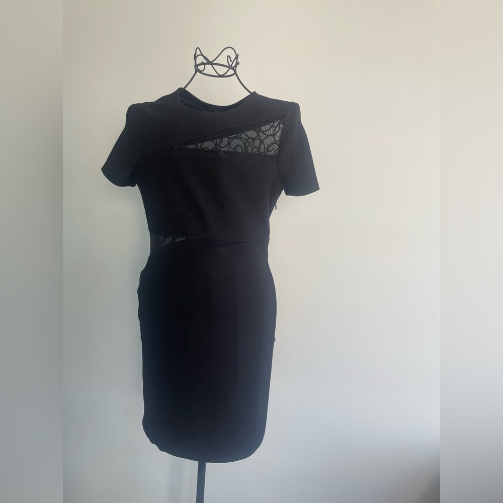 Express short sleeve stretch mini dress in black with mesh details